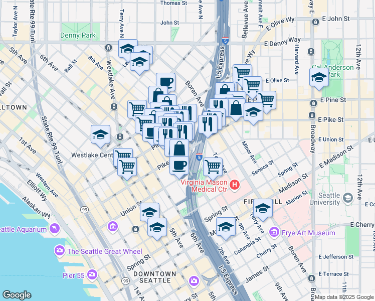 map of restaurants, bars, coffee shops, grocery stores, and more near 824 Pike Street in Seattle