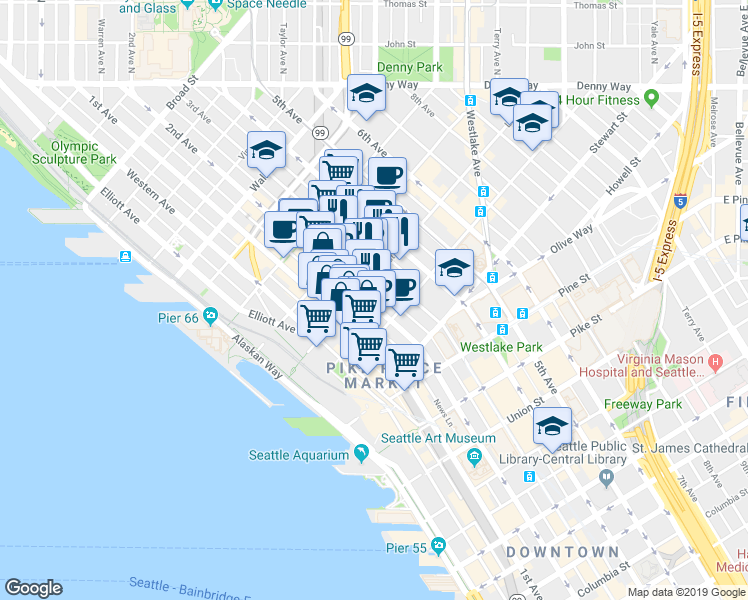 map of restaurants, bars, coffee shops, grocery stores, and more near 2020 2nd Avenue in Seattle