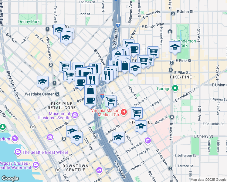 map of restaurants, bars, coffee shops, grocery stores, and more near 1000 Union Street in Seattle