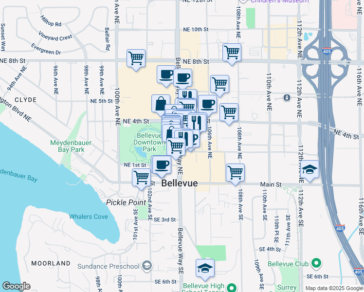 map of restaurants, bars, coffee shops, grocery stores, and more near 208 Bellevue Way Northeast in Bellevue