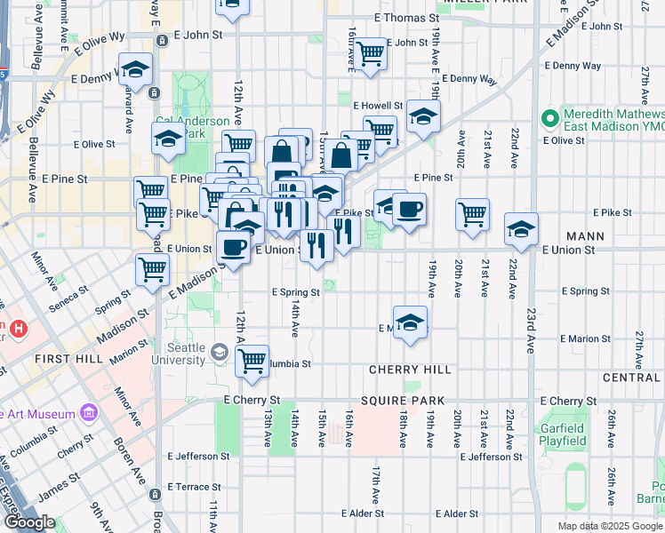 map of restaurants, bars, coffee shops, grocery stores, and more near 1422 East Union Street in Seattle