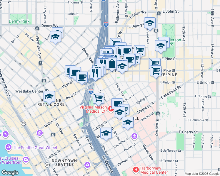 map of restaurants, bars, coffee shops, grocery stores, and more near 1330 Boren Avenue in Seattle