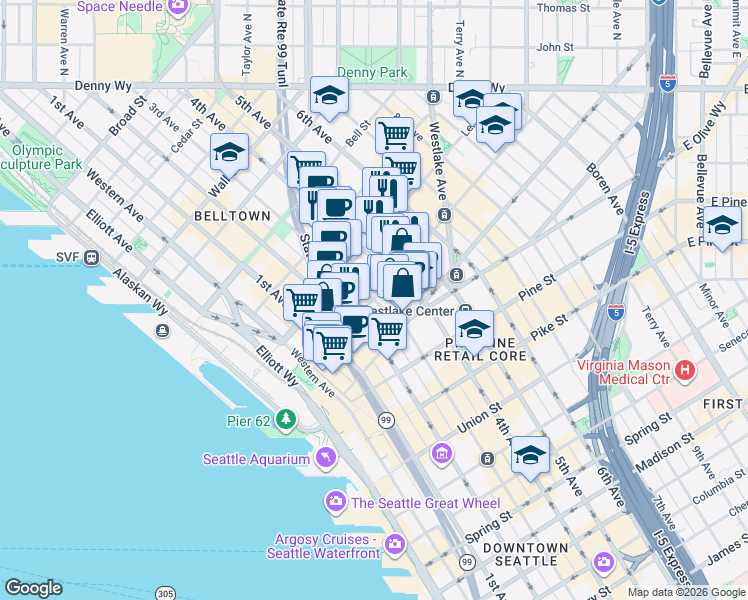 map of restaurants, bars, coffee shops, grocery stores, and more near 3rd Ave & Virginia St in Seattle