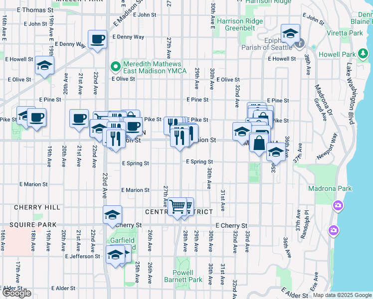 map of restaurants, bars, coffee shops, grocery stores, and more near 1126 Martin Luther King Junior Way in Seattle