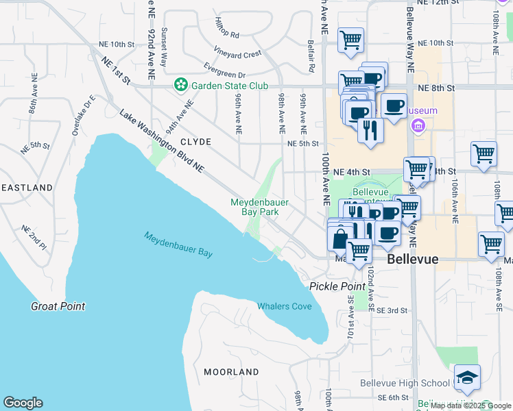 map of restaurants, bars, coffee shops, grocery stores, and more near 419 98th Avenue Northeast in Bellevue