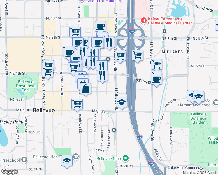 map of restaurants, bars, coffee shops, grocery stores, and more near 307 112th Avenue Northeast in Bellevue
