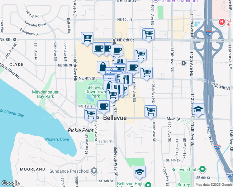 map of restaurants, bars, coffee shops, grocery stores, and more near 303 Bellevue Square in Bellevue