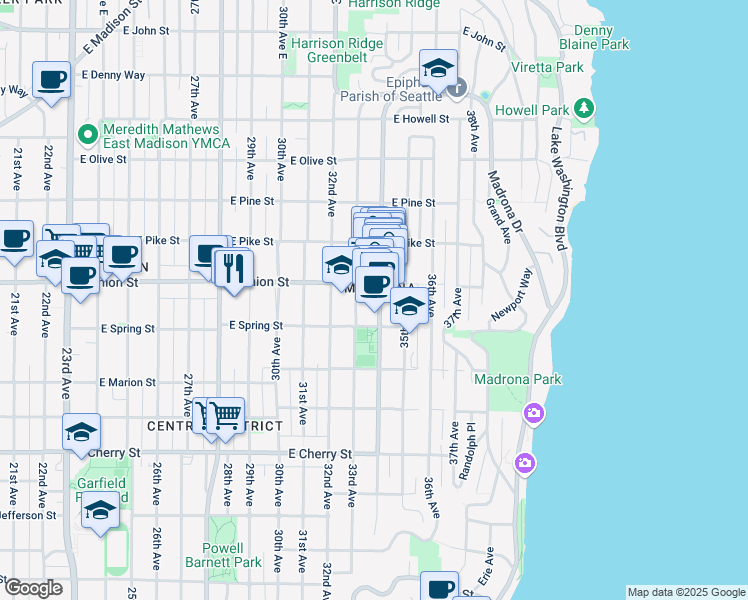 map of restaurants, bars, coffee shops, grocery stores, and more near in Seattle