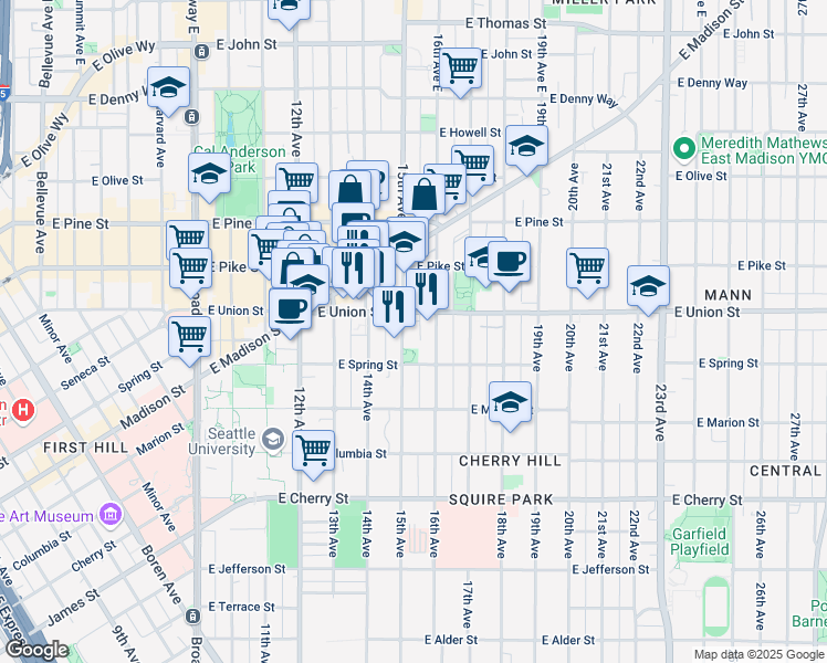 map of restaurants, bars, coffee shops, grocery stores, and more near 1422 East Union Street in Seattle