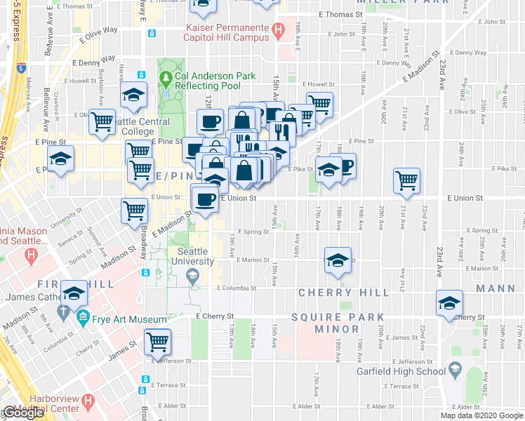 map of restaurants, bars, coffee shops, grocery stores, and more near 1422 East Union Street in Seattle