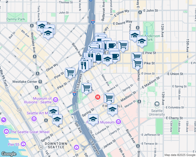 map of restaurants, bars, coffee shops, grocery stores, and more near 1400 Boren Avenue in Seattle