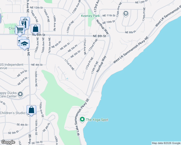 map of restaurants, bars, coffee shops, grocery stores, and more near 235 174th Place Northeast in Bellevue