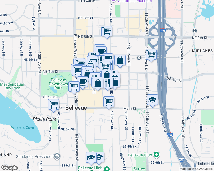 map of restaurants, bars, coffee shops, grocery stores, and more near 225 108th Avenue Northeast in Bellevue