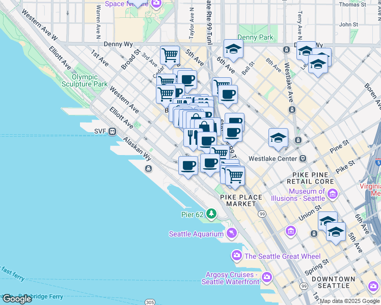 map of restaurants, bars, coffee shops, grocery stores, and more near 2225 1st Avenue in Seattle