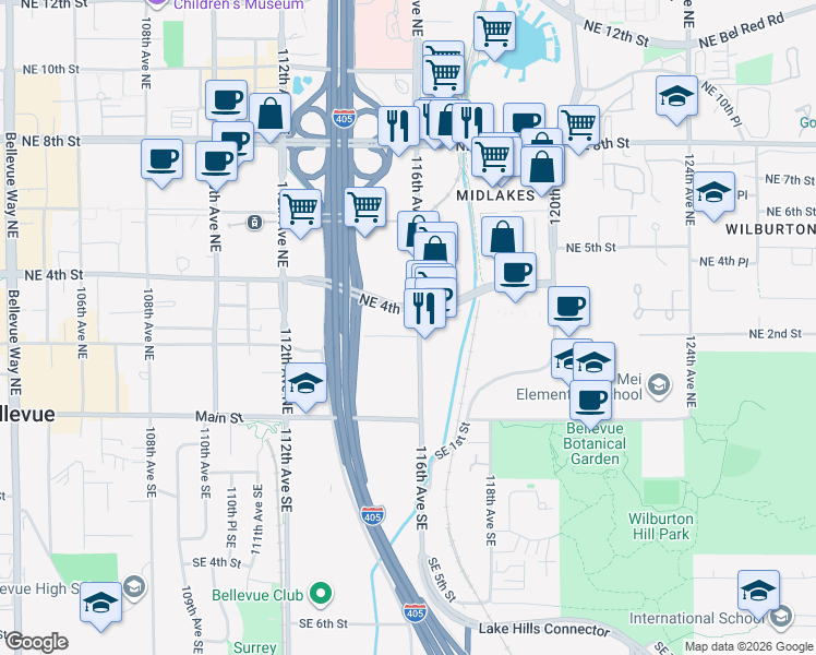 map of restaurants, bars, coffee shops, grocery stores, and more near 316 116th Avenue Northeast in Bellevue