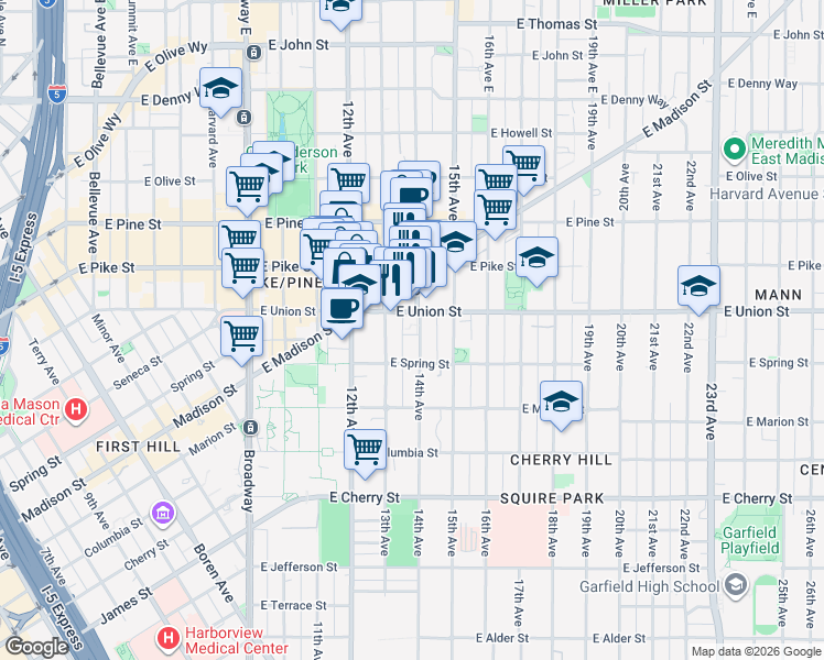 map of restaurants, bars, coffee shops, grocery stores, and more near 1321 East Union Street in Seattle