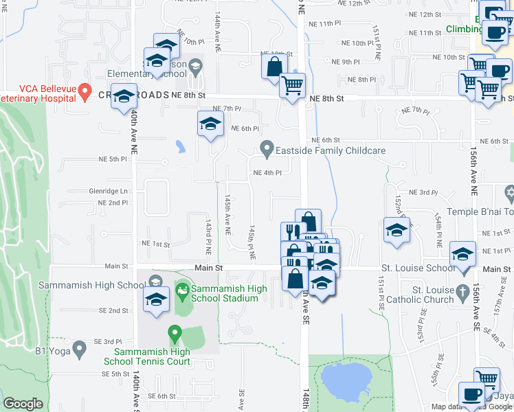 map of restaurants, bars, coffee shops, grocery stores, and more near 214 145th Place Northeast in Bellevue