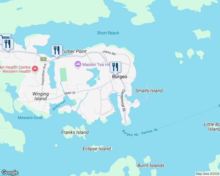 map of restaurants, bars, coffee shops, grocery stores, and more near 2 Church Road in Burgeo