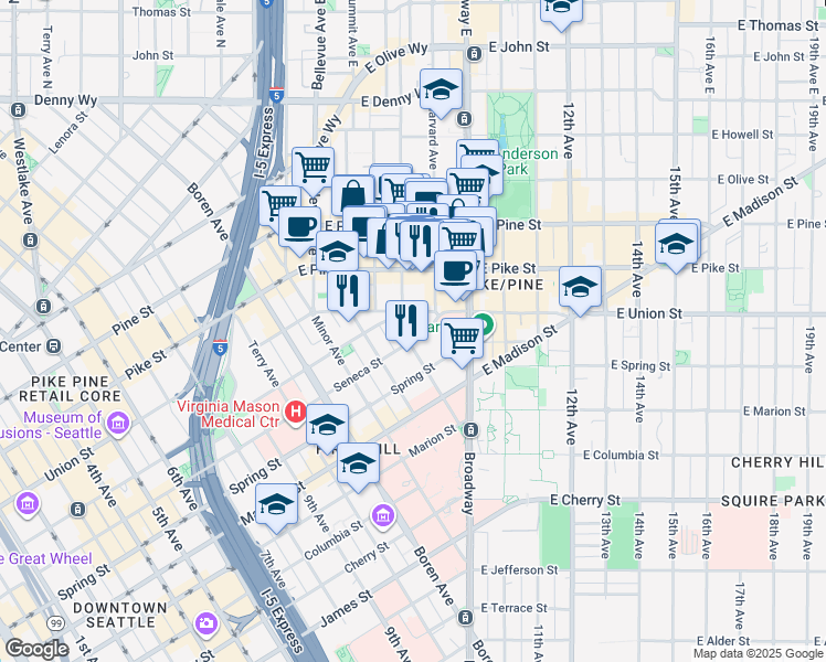 map of restaurants, bars, coffee shops, grocery stores, and more near 1200 Boylston Avenue in Seattle
