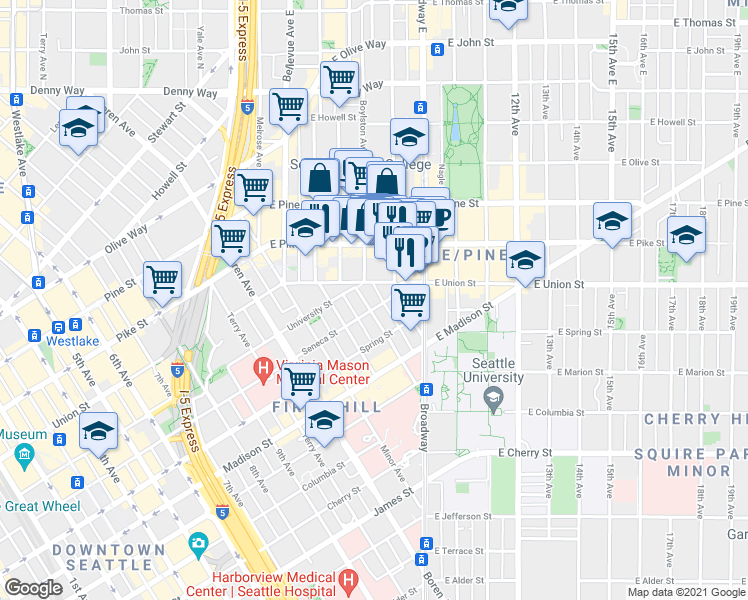 map of restaurants, bars, coffee shops, grocery stores, and more near 1200 Boylston Avenue in Seattle