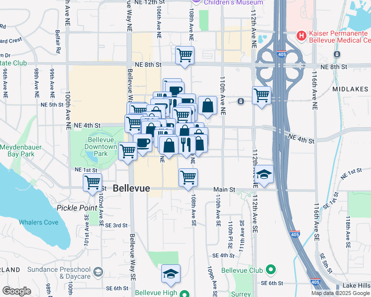 map of restaurants, bars, coffee shops, grocery stores, and more near 225 108th Avenue Northeast in Bellevue