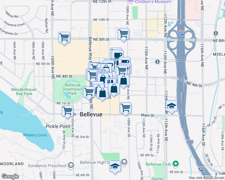 map of restaurants, bars, coffee shops, grocery stores, and more near 288 106th Avenue Northeast in Bellevue