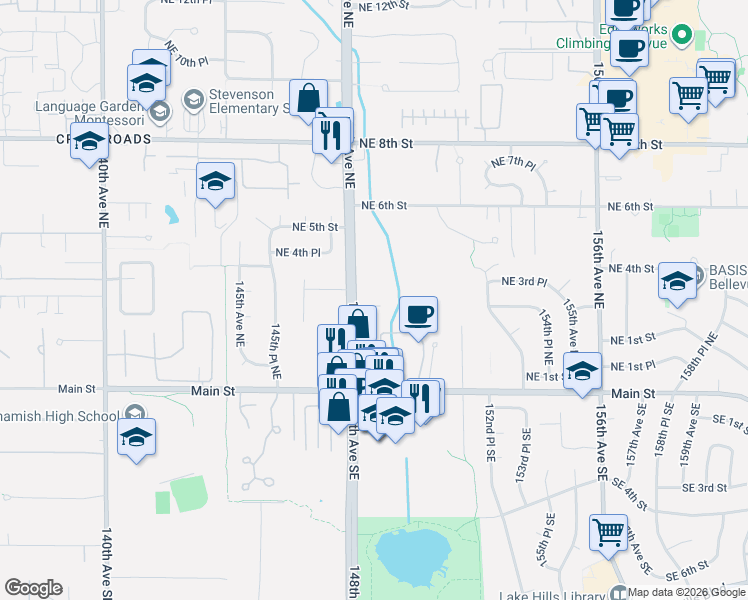 map of restaurants, bars, coffee shops, grocery stores, and more near 240 148th Avenue Northeast in Bellevue