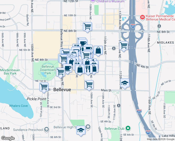map of restaurants, bars, coffee shops, grocery stores, and more near 333 108th Avenue Northeast in Bellevue