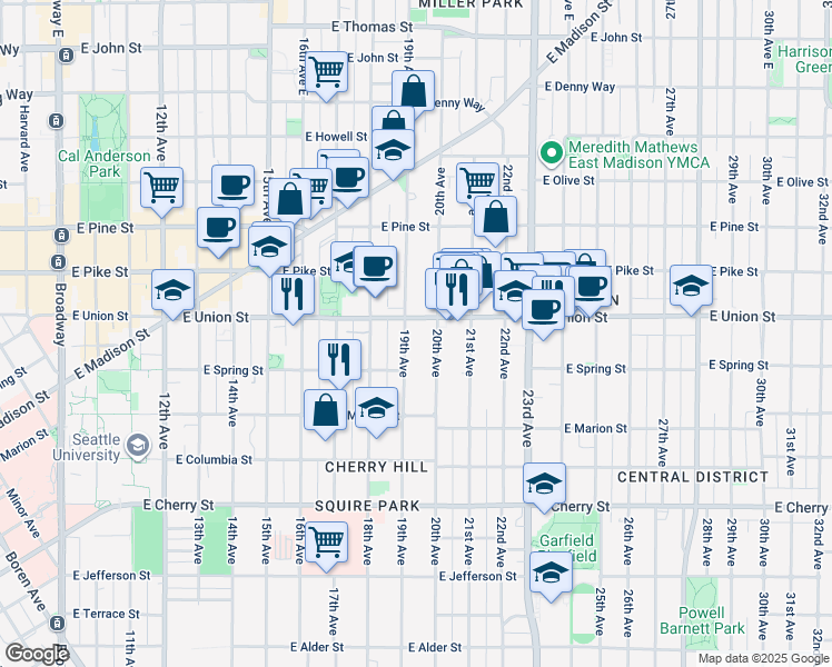 map of restaurants, bars, coffee shops, grocery stores, and more near in Seattle
