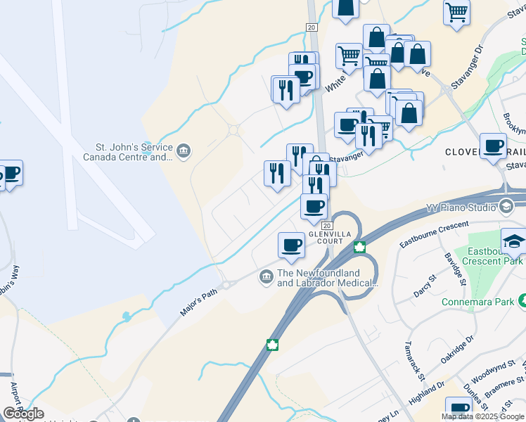 map of restaurants, bars, coffee shops, grocery stores, and more near 85 Hussey Drive in St. John's