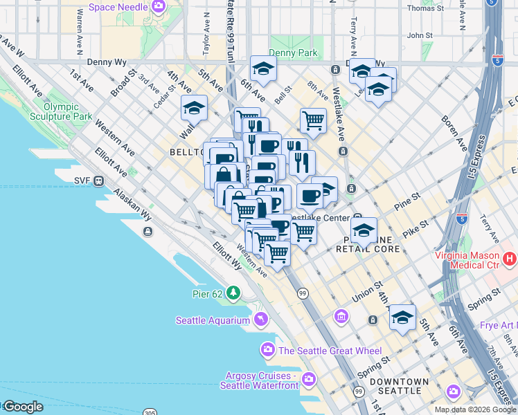 map of restaurants, bars, coffee shops, grocery stores, and more near 2nd Ave & Lenora St in Seattle