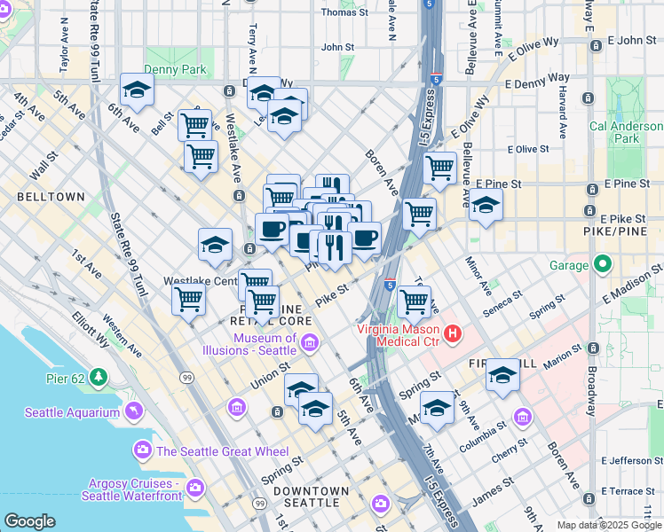 map of restaurants, bars, coffee shops, grocery stores, and more near 721 Pine Street in Seattle