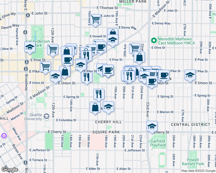 map of restaurants, bars, coffee shops, grocery stores, and more near 1809 East Union Street in Seattle