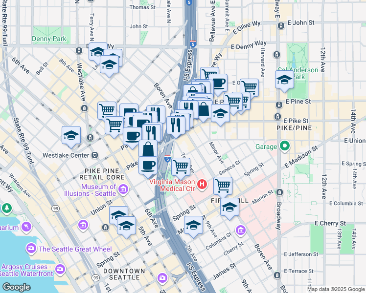 map of restaurants, bars, coffee shops, grocery stores, and more near 1011 Pike Street in Seattle