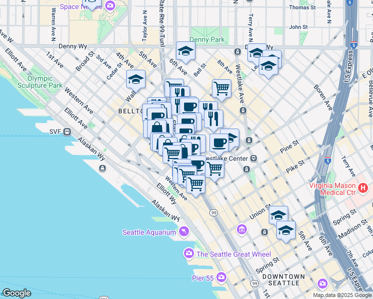 map of restaurants, bars, coffee shops, grocery stores, and more near 2101 3rd Avenue in Seattle