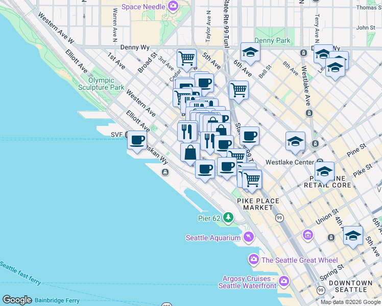 map of restaurants, bars, coffee shops, grocery stores, and more near 2303 Western Avenue in Seattle