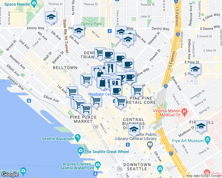 map of restaurants, bars, coffee shops, grocery stores, and more near 414 Olive Way in Seattle