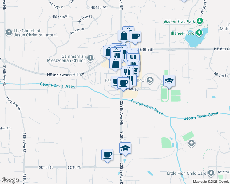 map of restaurants, bars, coffee shops, grocery stores, and more near 433 228th Avenue Northeast in Sammamish