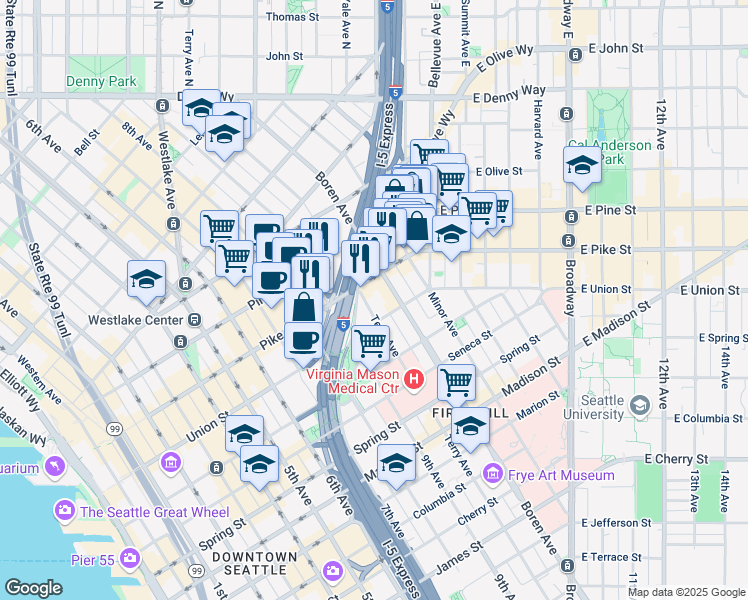 map of restaurants, bars, coffee shops, grocery stores, and more near 1011 Pike Street in Seattle