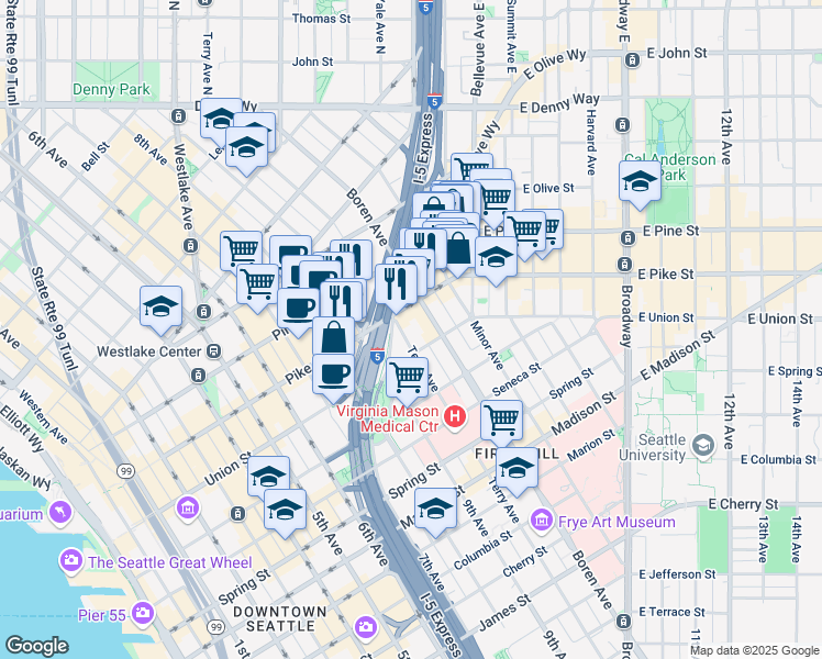 map of restaurants, bars, coffee shops, grocery stores, and more near 1420 Terry Avenue in Seattle