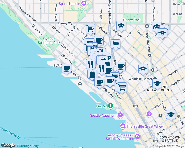 map of restaurants, bars, coffee shops, grocery stores, and more near 2303 Western Avenue in Seattle