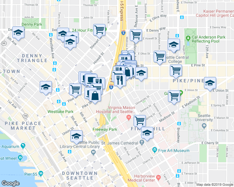 map of restaurants, bars, coffee shops, grocery stores, and more near 1420 Terry Avenue in Seattle
