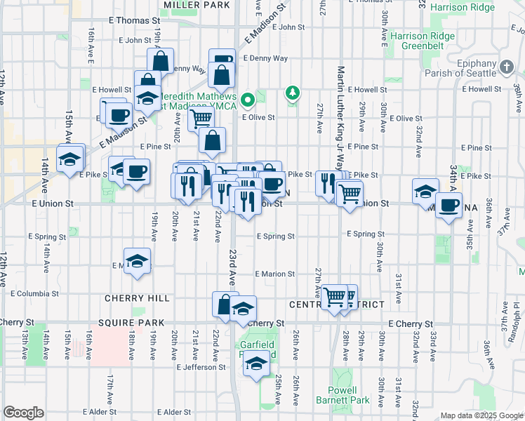 map of restaurants, bars, coffee shops, grocery stores, and more near 2407 East Union Street in Seattle