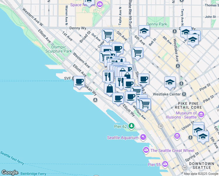 map of restaurants, bars, coffee shops, grocery stores, and more near 66 Bell Street in Seattle