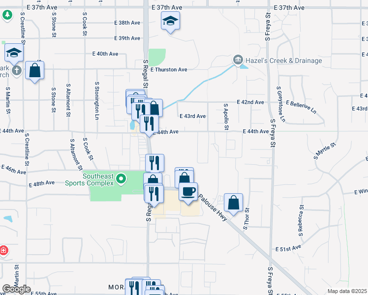 map of restaurants, bars, coffee shops, grocery stores, and more near 4515 South Regal Street in Spokane