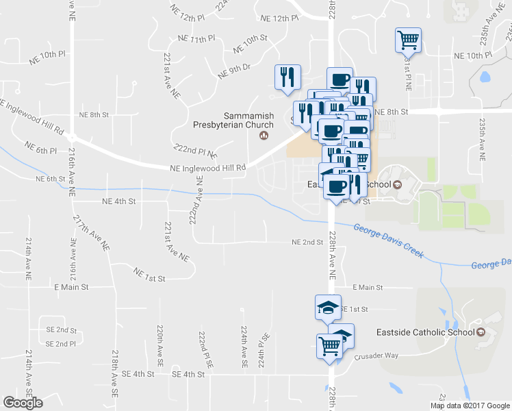 map of restaurants, bars, coffee shops, grocery stores, and more near 249 225th Avenue Northeast in Sammamish