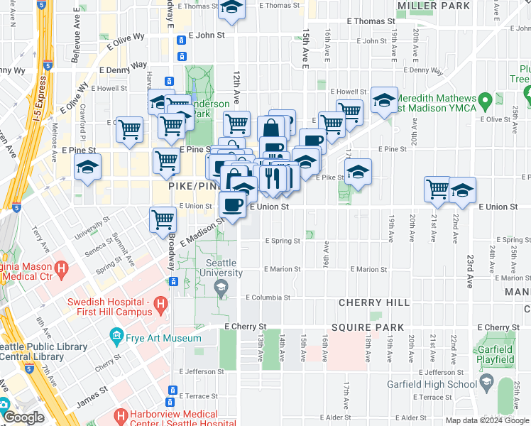 map of restaurants, bars, coffee shops, grocery stores, and more near in Seattle