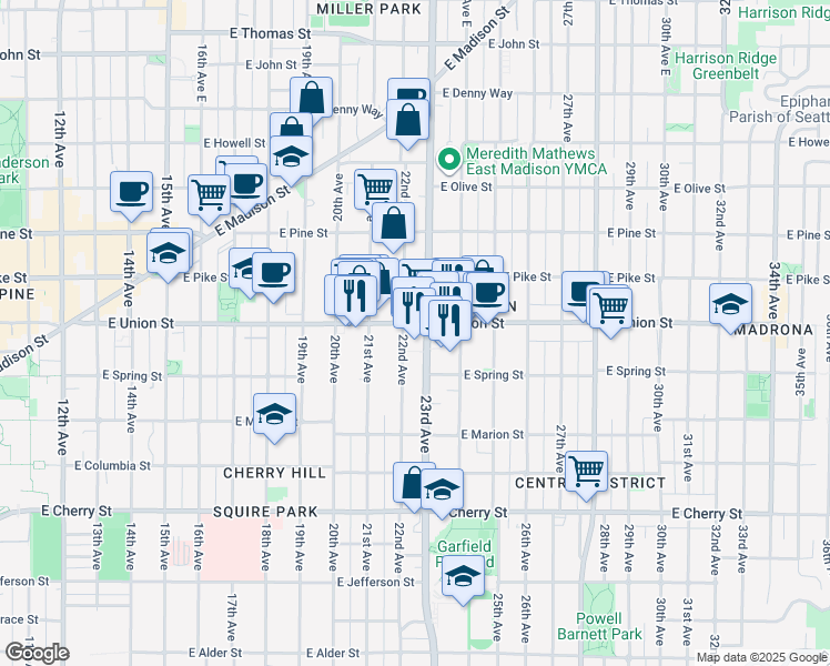 map of restaurants, bars, coffee shops, grocery stores, and more near in Seattle