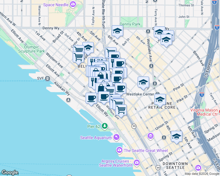 map of restaurants, bars, coffee shops, grocery stores, and more near 2119 2nd Avenue in Seattle