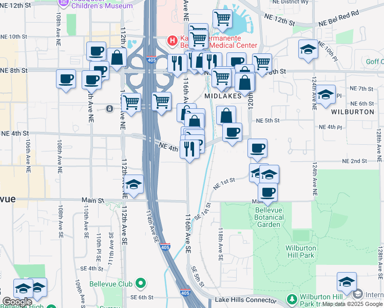map of restaurants, bars, coffee shops, grocery stores, and more near 316 116th Avenue Northeast in Bellevue